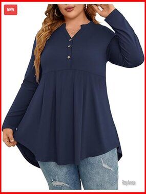 Plus Size Long Sleeve Henley V Neck Button Up Flowy Tunic Blouse